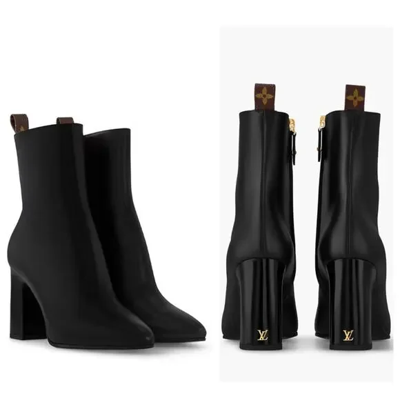 Louis Vuitton Donna Ankle Boots Black Calf Leather Monogram Studs Size 39.5 - Picture 1 of 16